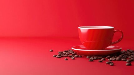Red coffee cup and saucer set against a vibrant red backdrop