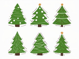 Fototapeta premium Christmas Tree Collection: Six charming hand-drawn Christmas trees, each uniquely decorated, perfect for adding festive cheer to your designs.