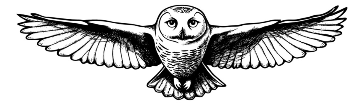 black and white owl with wings spread clip art preview