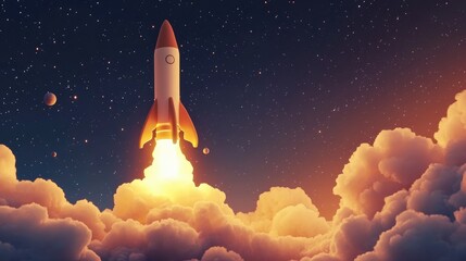 Rocket launch surrounded by smoke in a starry night sky symbolizing military strength and technology A missile ascends successfully into the atmosphere