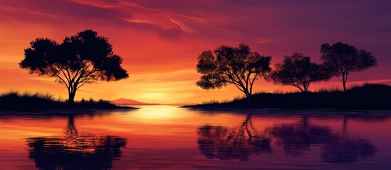 Fototapeta premium Vibrant sunset over a tranquil landscape featuring silhouettes of trees and a calm water body reflecting the warm hues of the evening sky