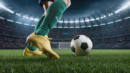 Fototapeta premium A soccer player is kicking a ball on a field. The player is wearing yellow and green socks