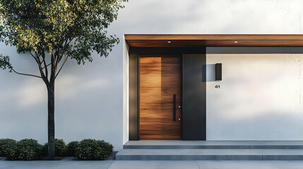 Modern House Entrance with Wooden Door and Concrete Steps, Sunlight Illuminates the Scene.