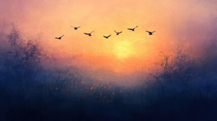 Obraz premium A flock of birds fly in formation against a fiery sunset over a field of tall grass.