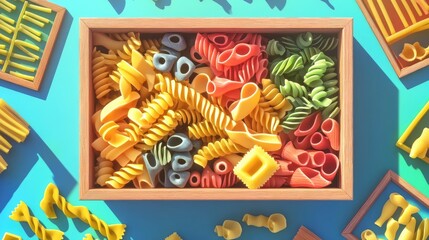 Colorful Italian pasta varieties arranged in a wooden box Concept of healthy eating Flat lay composition