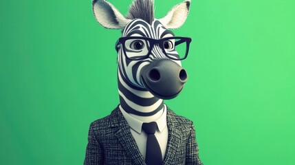 Obraz premium Chic zebra wearing a business suit and glasses against a vibrant green backdrop