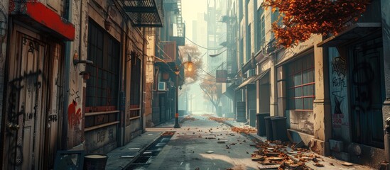 Naklejka premium A Narrow, Foggy Alleyway in a City