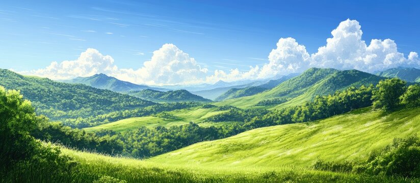 Scenic landscape featuring lush greenery and rolling hills under a clear blue sky A serene environment highlighting nature s beauty
