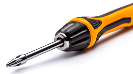 Ergonomic orange-black screwdriver floating on a white background, precision tool with textured handle for comfort and stability
