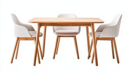 Elegant kitchen dining table with light wood grain finish, accompanied by four fabric-upholstered chairs, simple and clean, studio lighting on white background