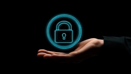 Cybersecurity and Data Protection. Hand Holding Glowing Digital Lock Icon on Black Background.