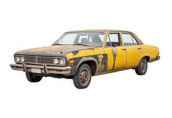 Vintage yellow and black taxi car with rustic features on a transparent background