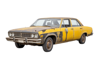 Vintage yellow and black taxi car with rustic features on a transparent background