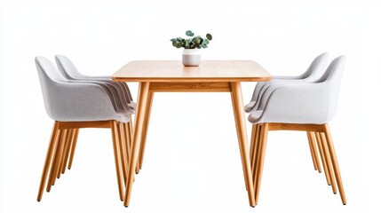 Beautiful dining set, rectangular wood table with light grey fabric chairs, modern and simplistic style, sharp isolated on white background
