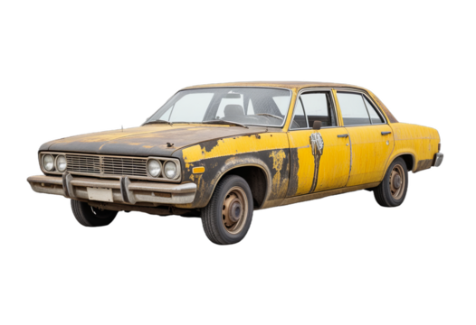 Vintage yellow and black taxi car with rustic features on a transparent background