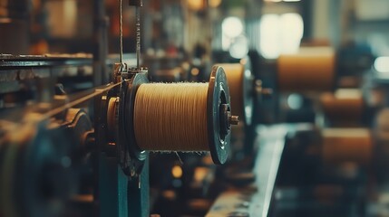 Obraz premium A close-up of a spool of thread on a textile machine, showcasing industrial weaving processes.