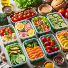 Healthy meal prep containers arranged on a kitchen counter