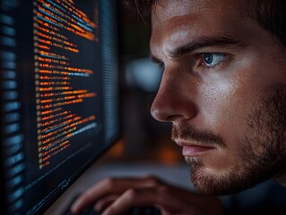 A focused individual analyzing code on a computer screen in a dimly lit environment.