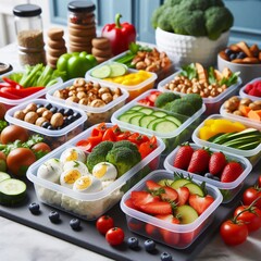 Healthy meal prep containers arranged on a kitchen counter