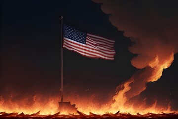 digital illustration of An American flag on fire surrounded by flames, stars and stripes, engulfed in a fiery blaze. usa. united states of america, patriotic, intense, symbolic, dramatic, burning