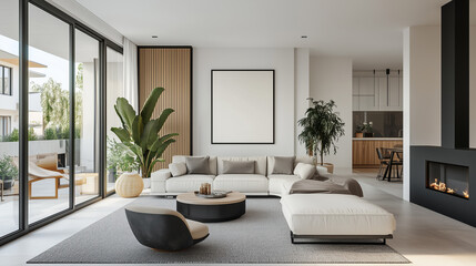 Fototapeta premium Poster und Bilderrahmen Mockup im modernen Wohnzimmer – fotorealistisches 3D-Rendering für Bildplatzierung 