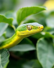 A vibrant green tree snake rests among lush leaves in a tropical environment during daylight hours