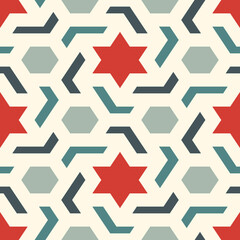 Oriental ancient mosaic seamless pattern. Arabesque ornament. Repeated geometric figures, hexagon, star motif surface print. Ornamental wallpaper. Geo design digital paper. Vector abstract background
