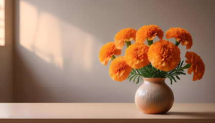 Fresh Marigold flowers in a simple vase on a table with a minimalist background