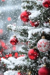 A festive Christmas tree adorned with red and white ornaments, glowing warmly in a cozy holiday setting.
