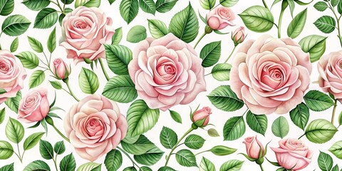 Watercolor Seamless Pattern of Pink Roses and Green Leaves, floral, seamless pattern , flower