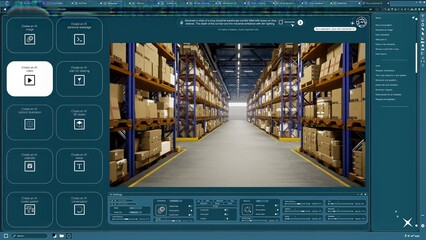 AI software turning text prompt into video of boxes on warehouse shelves. Text to video artificial intelligence generator transforming words into clip of packaged products in depot
