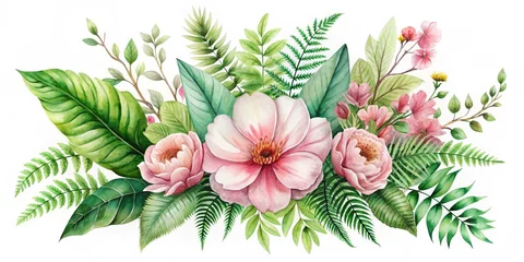 Fotobehang Watercolor Pink Flowers and Green Leaves Composition, Floral Bouquet, Greenery, Botanical ,floral, botanical © Spot Decor