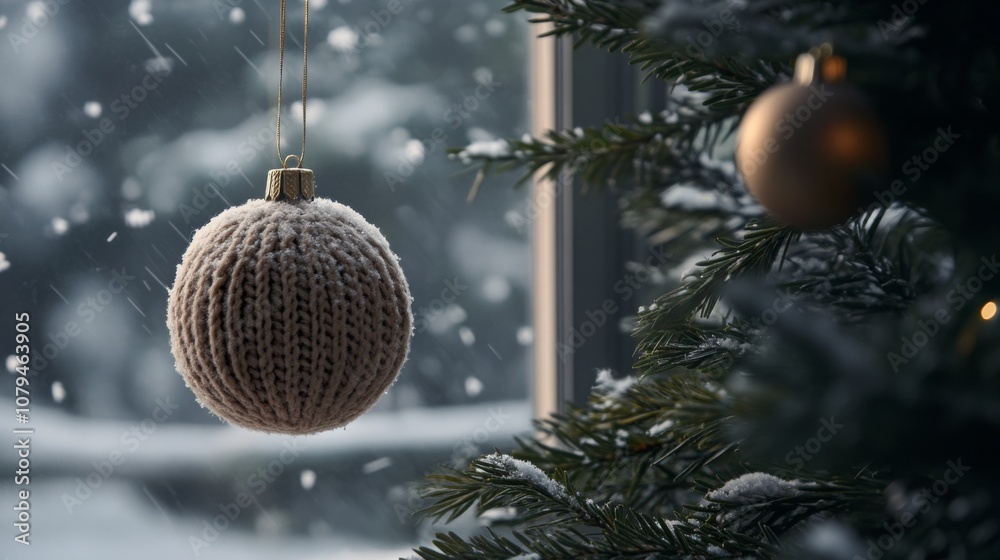 Aufkleber a white, knitted christmas ornament is hanging from a windowsill. the ornament is round and textured