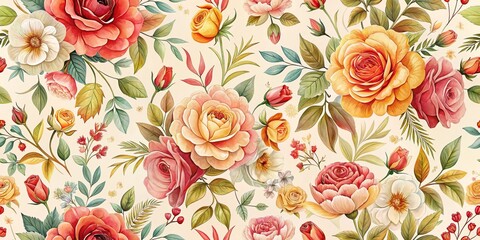 Watercolor Floral Seamless Pattern, Roses, Floral Design , Seamless Pattern