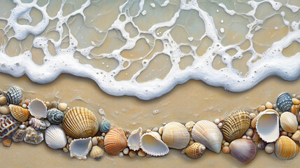 Muszle leżą na piaszczystej plaży, tuż przy brzegu, gdzie delikatna, spieniona fala dociera do ich krawędzi. 