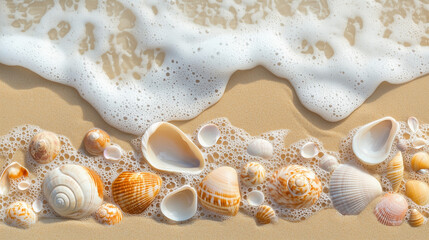 Fototapeta na wymiar Muszle leżą na piaszczystej plaży, tuż przy brzegu, gdzie delikatna, spieniona fala dociera do ich krawędzi. 