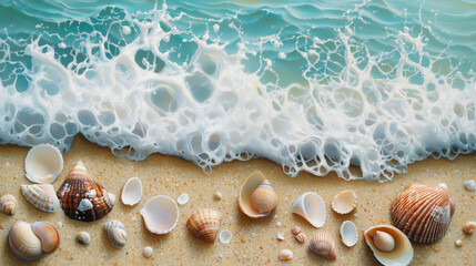 Muszle leżą na piaszczystej plaży, tuż przy brzegu, gdzie delikatna, spieniona fala dociera do ich krawędzi. 