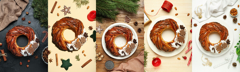Collage of tasty Christmas pastry wreath, top view