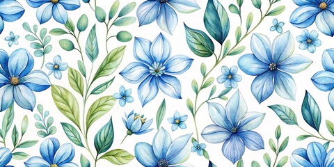 Fototapeta premium Watercolor Blue Floral Seamless Pattern, Flowers, Leaves, Spring, Botanical, Floral pattern