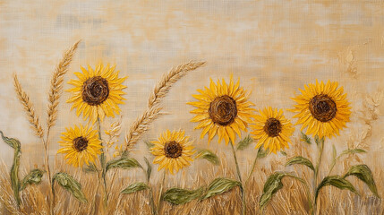 Ułożone na jutowym tle słoneczniki i kłosy pszenicy wprowadzają naturalny, rustykalny styl.