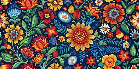 Vibrant Floral Pattern with Red, Yellow, and Blue Flowers on Navy Background, folk art, digital art