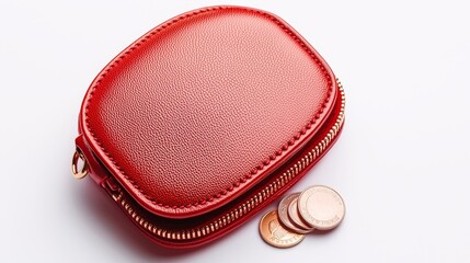 Beautiful red purse on white backdrop, top-down close-up, empty interior with a few loose coins nearby, highlighting soft leather texture