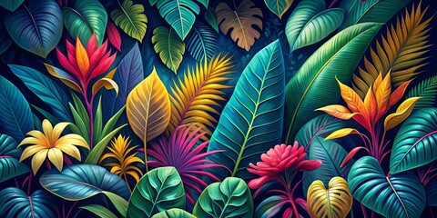 Tropical Leaf and Flower Pattern, Digital Painting, Illustration, Jungle, Floral , Botanical