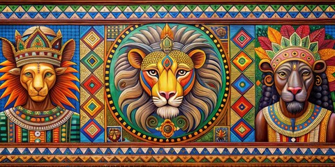 Fototapeta premium Three Lions in a Geometric Frame - Mosaic Art, Lion, African Art