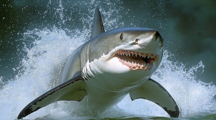 Obraz premium Great White Shark Breaching, Powerful Predator in Ocean Waves, Wildlife Action Photography