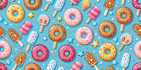 Sweet Treats Seamless Pattern Donuts and Popsicles on a Blue Background with Stars, seamless pattern, dessert , food