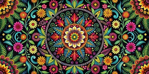 Symmetrical Floral Mandala with Vibrant Colors and Spirals, Floral Design, Mandala Art