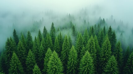 Fototapeta premium Aerial view of a misty forest with tall evergreen trees.
