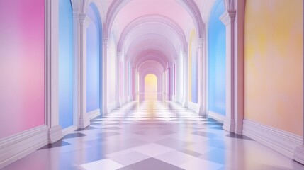 Elegant Pastel-Colored Hallway with Symmetrical Arches and Checkered Floor
