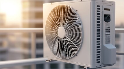 High-capacity air conditioning compressor, rooftop setup with brown cement wall, precise engineering, focus on heat-pump mechanism, ideal for factories